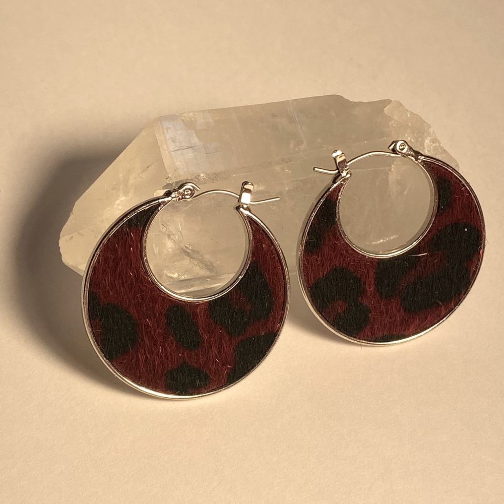 Faux fur animal print red earrings